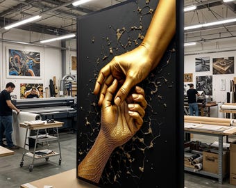 May include: A large, framed artwork featuring two golden hands reaching out to each other against a black background. The hands are detailed with textured skin and a network of golden lines. The artwork is displayed in a workshop setting.