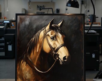 May include: A framed oil painting of a horse's head. The horse has a tan coat with a dark mane and is wearing a bridle. The background is dark, and the painting is in a black frame.