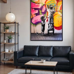 Lienzo con grafiti para niños, impresión de pared de arte callejero, pintura urbana infantil, decoración de arte moderno colorido, grafiti con corona y aerosol, arte pop
