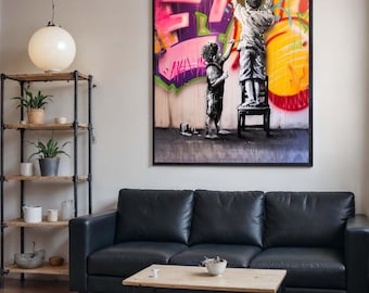 Graffiti Kids Art Canvas, Street Art Wall Print, Urban Children Painting, Colorful Modern Art Decor, Crown and Spray Graffiti,Pop Art