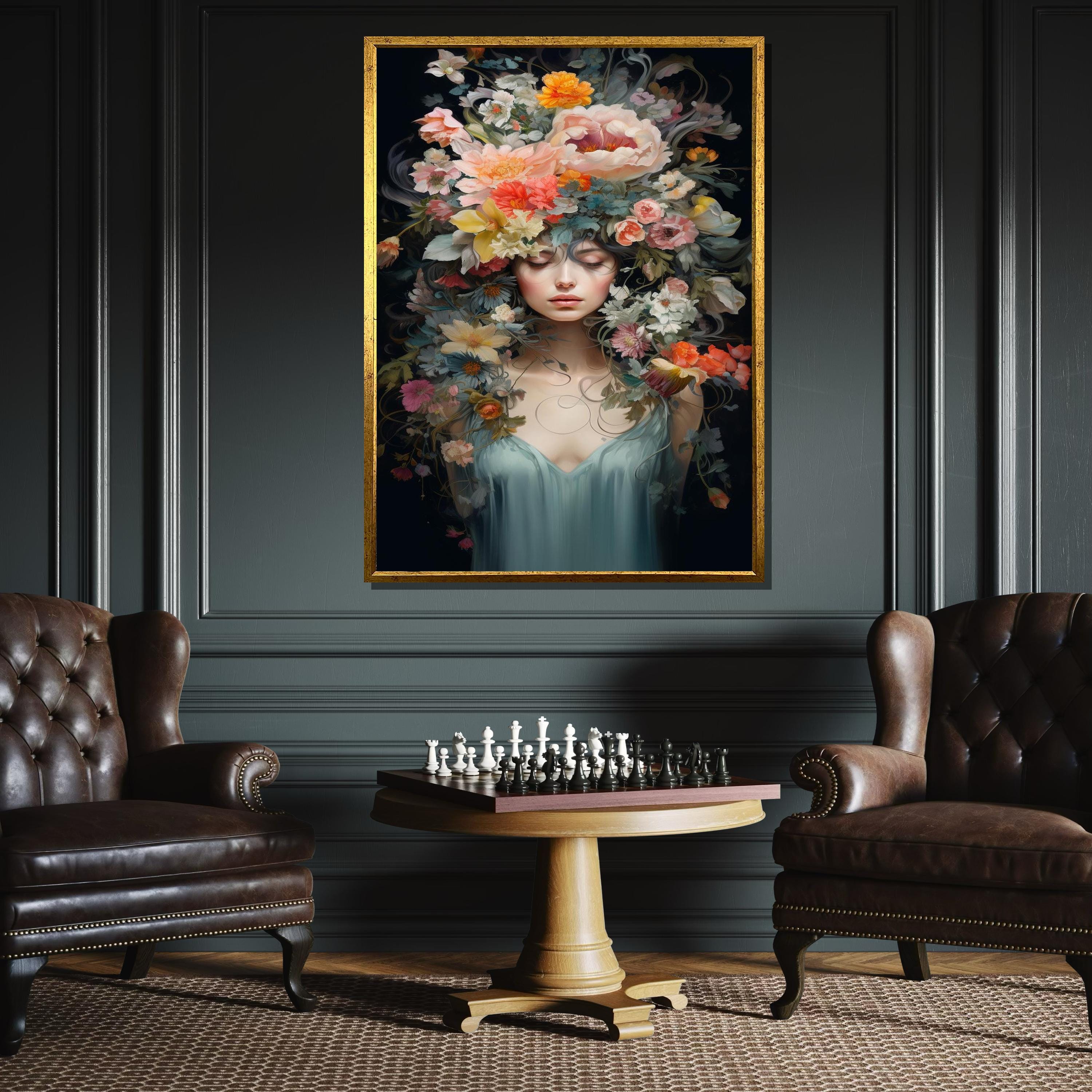 幻想的な花の女神キャンバス、夢のような肖像画の壁アート、エレガント