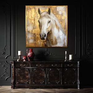 Majestic White Horse Canvas Art, Gold Accented Horse Painting, Elegant Equine Wall Decor, Modern Rustic Artwork, Ready to Hang image 7