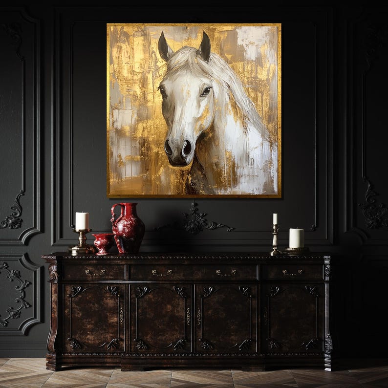 Majestic White Horse Canvas Art, Gold Accented Horse Painting, Elegant Equine Wall Decor, Modern Rustic Artwork, Ready to Hang image 7