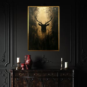 Lienzo con silueta de ciervo dorado, arte abstracto de ciervo, diseño de lienzo para pared, decoración de lujo para el hogar, regalo listo para colgar. imagen 7