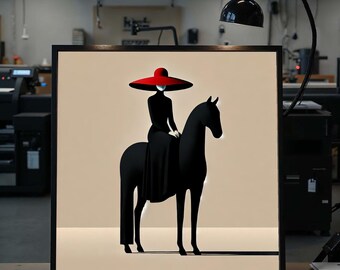 Elegante lienzo ecuestre, arte de dama con sombrero rojo, impresión de jinete, diseño de lienzo para pared, decoración lista para colgar.