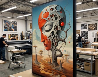 May include: Large framed surrealist artwork featuring a profile of a face with red and white tones, set against a desert landscape and blue sky. The artwork is displayed in a workshop setting, showcasing the scale and detail of the piece.