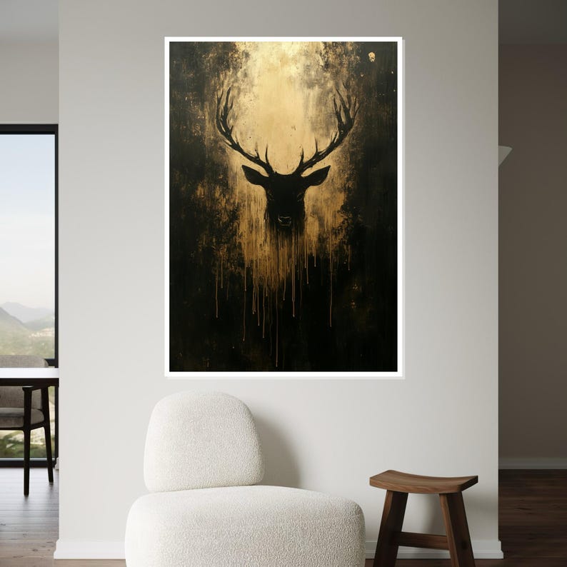 Lienzo con silueta de ciervo dorado, arte abstracto de ciervo, diseño de lienzo para pared, decoración de lujo para el hogar, regalo listo para colgar. imagen 5