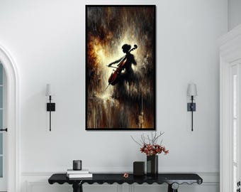 Lienzo de violonchelista, arte mural musical abstracto, silueta de violonchelo, diseño de lienzo para pared, obra de arte enmarcada, decoración lista para colgar, regalo.