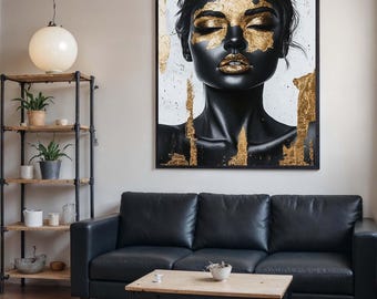 Lienzo con retrato en pan de oro, arte mural de lujo en negro y dorado, pintura abstracta de rostro femenino, arte dorado glamuroso, decoración moderna y elegante para el hogar.