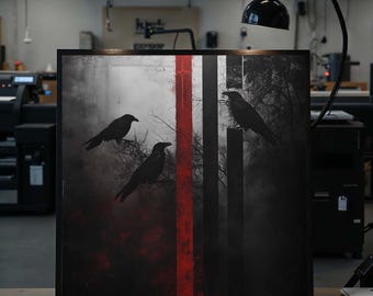 Dark Raven Canvas, Gothic Crow Art, Red and Black Abstract Painting, Mysterious Night Wall Decor, Raven Silhouette Art, Bird Art