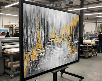 Abstract Gold and Gray Cityscape Canvas, Modern Wall Art, Urban Skyline Print, Wall Art Canvas Design, Ready to Hang Decoration