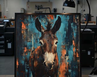 Ezelkunst aan de muur, rustiek dierlijk canvas, abstract boerderijdecor, kleurrijk ezelschilderij, modern wildlife-kunstwerk, kant-en-klaar decor