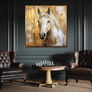 Majestic White Horse Canvas Art, Gold Accented Horse Painting, Elegant Equine Wall Decor, Modern Rustic Artwork, Ready to Hang image 2