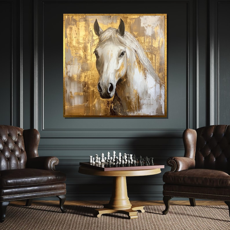 Majestic White Horse Canvas Art, Gold Accented Horse Painting, Elegant Equine Wall Decor, Modern Rustic Artwork, Ready to Hang image 2