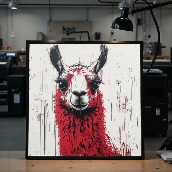 Red Llama Graffiti Canvas, Urban Animal Art, Llama Wall Print