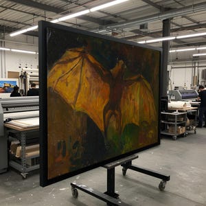 Puede incluir: Gran pintura enmarcada de un murciélago con las alas extendidas. El murciélago está pintado en tonos de amarillo, naranja y marrón sobre un fondo oscuro. La pintura se exhibe sobre un soporte con ruedas en un taller.