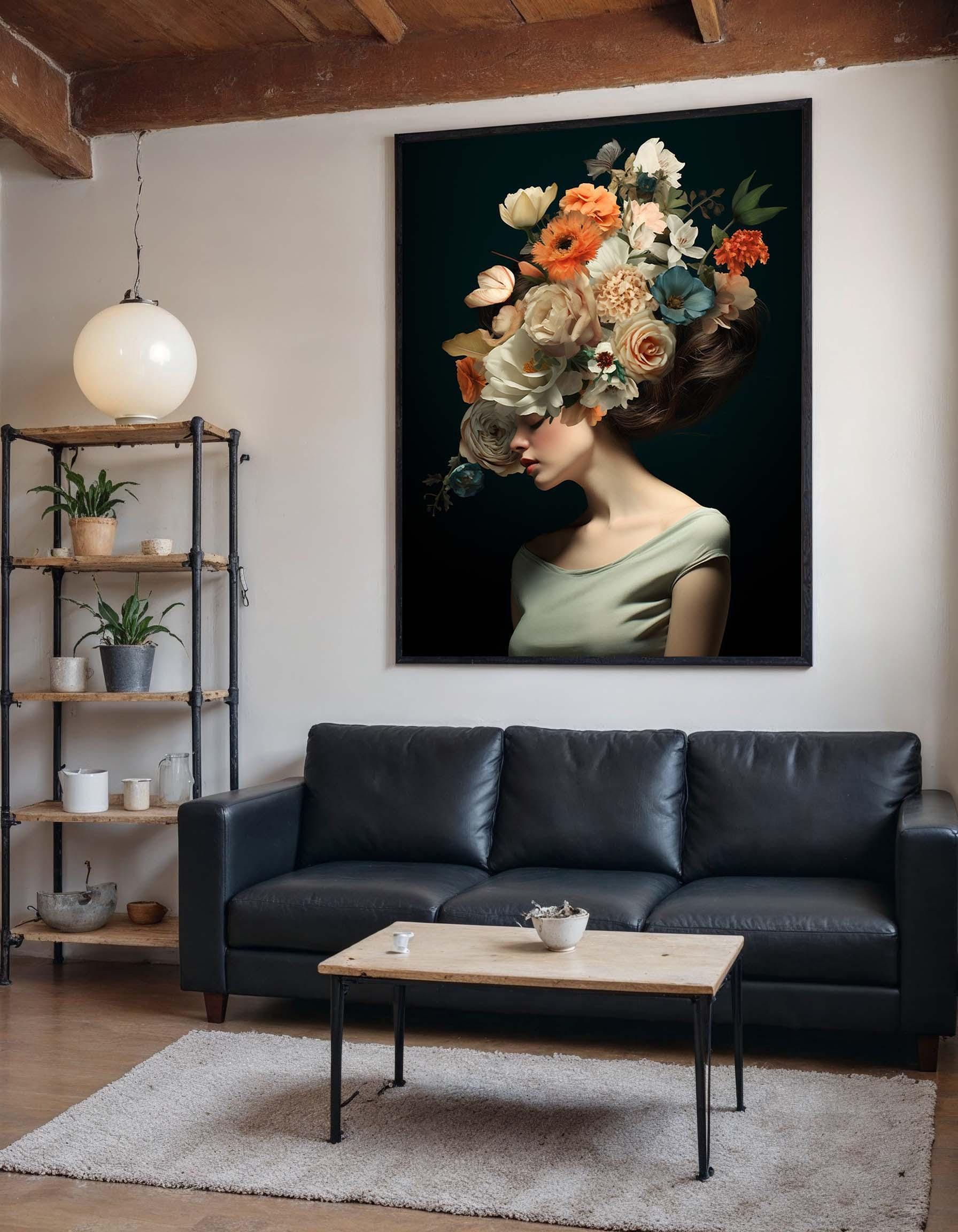 Elegant Floral Portrait, Woman With Flower Crown Canvas, Romantic Wall ...