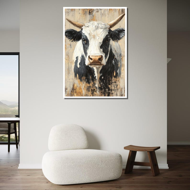 Rustic Cow Wall Art, Farm Animal Canvas, Black and White Cow Painting, Country Style Decor, Modern Farmhouse Artwork, Ready-to-Hang image 5