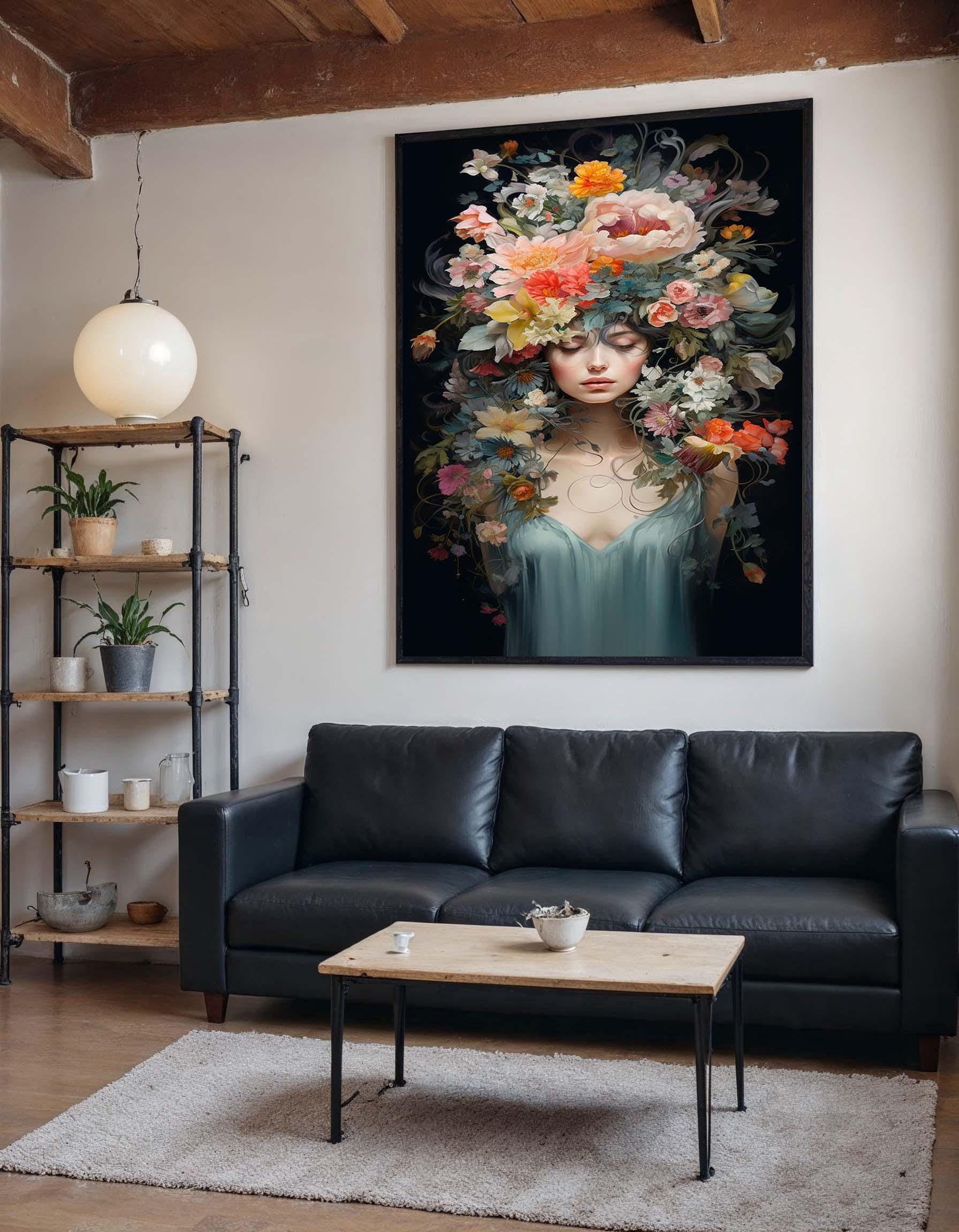 幻想的な花の女神キャンバス、夢のような肖像画の壁アート、エレガント