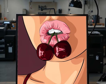 Lienzo de labios y cerezas, decoración de pared estilo pop art, póster de arte moderno, diseño de lienzo para pared, decoración lista para colgar