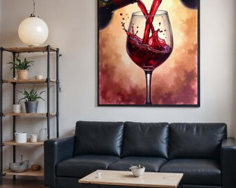 Canvastavla med stänk av rött vin, elegant väggkonst med vin, målning med glashällning, modern bardekor, väggkonst på canvas, redo att hängas