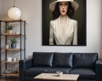 Lienzo de mujer elegante con sombrero blanco, retrato clásico vintage, decoración de pared de moda sofisticada, obra de arte femenina atemporal, listo para colgar.