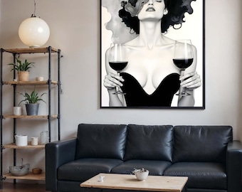 Elegante Femme Fatale Kunst, Wein Kunst Leinwand, Schwarz-Weiß-Wein Leinwand, Sinnliche Wand Kunst Druck, modernes Glam Wanddekor, Sexy Kunst Leinwand Design
