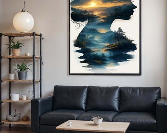 Woman Silhouette Canvas, Nature and Woman Fusion Art, Sunset Forest Wall Décor, Dreamlike Landscape Artwork, Ready to Hang
