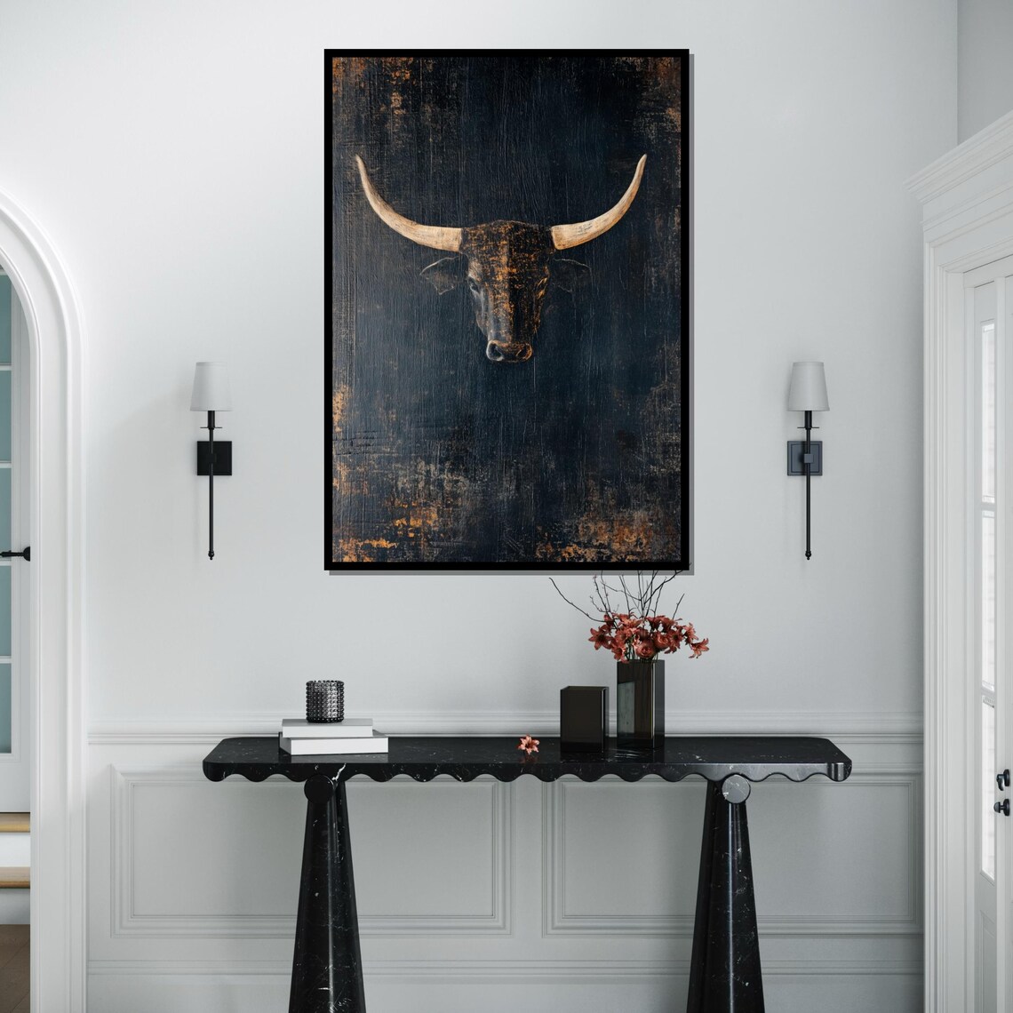 Rustic Bull Majestic Bull Canvas Art, Rustic Bull Wall Print, Animal Wall Art, Dark ...