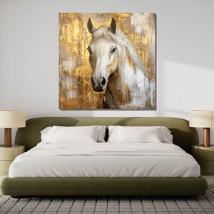 Majestic White Horse Canvas Art, Gold Accented Horse Painting, Elegant Equine Wall Decor, Modern Rustic Artwork, Ready to Hang image 6