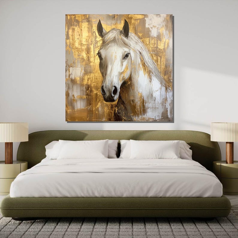 Majestic White Horse Canvas Art, Gold Accented Horse Painting, Elegant Equine Wall Decor, Modern Rustic Artwork, Ready to Hang image 6