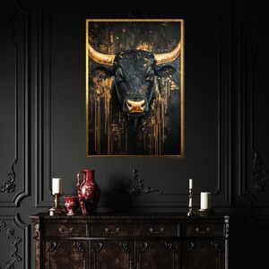 Gyllene tjurcanvas, abstrakt djurkonst, tjurväggtryck, guldstänk, väggkonstcanvasdesign, redo att hängas, heminredningspresentcanvas bild 7