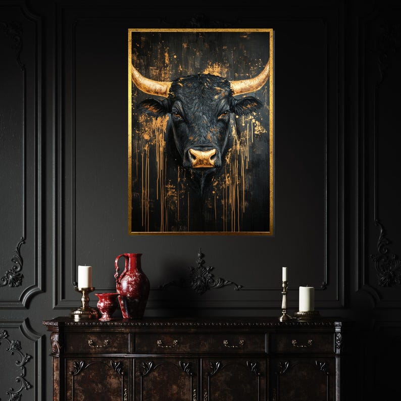 Gyllene tjurcanvas, abstrakt djurkonst, tjurväggtryck, guldstänk, väggkonstcanvasdesign, redo att hängas, heminredningspresentcanvas bild 7