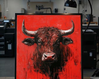 May include: A framed painting of a bull's head against a red background. The bull is depicted in shades of brown and black, with silver horns. The artwork is displayed on a wooden surface.