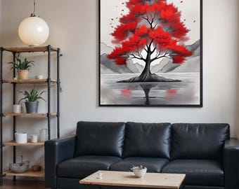 赤い木の風景キャンバス、日本の禅アート、ミニマリストの自然壁プリント、風景壁アート、すぐに掛けられるホームデコレーション