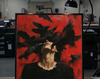 Dramatic Crow Canvas Art, Surreal Red Background, Dark Bird Print, Wall Art Canvas Design, Ready To Hang Decoration, Gift Wall Decor