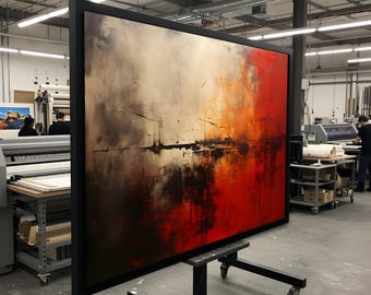 Lienzo abstracto de horizonte, arte mural moderno, impresión abstracta en rojo y naranja, decoración de pared contemporánea, listo para colgar, lienzo de colores llamativos.