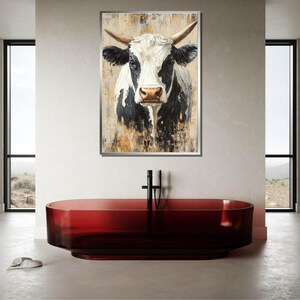 Rustic Cow Wall Art, Farm Animal Canvas, Black and White Cow Painting, Country Style Decor, Modern Farmhouse Artwork, Ready-to-Hang image 4