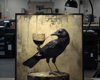 Raven with Wine Glass Canvas Art, Dark Gothic Bird Artwork, Whimsical Crow Painting, Unique Animal Wall Decor, Ready to Hang
