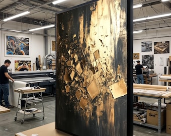 Lienzo abstracto con textura dorada, arte metálico moderno, decoración de pared en negro y dorado, diseño de lienzo de lujo, listo para colgar.