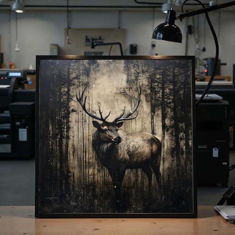Lienzo de ciervo majestuoso, arte mural de alce del bosque, escena silvestre, impresión de pared de animales, diseño de lienzo para pared, decoración lista para colgar, arte de regalo imagen 1