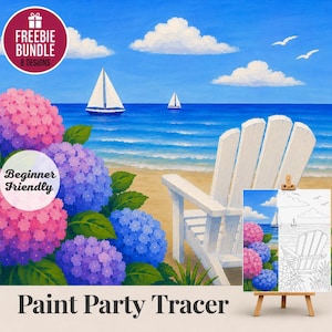 May include: A digital painting of a coastal scene featuring a white Adirondack chair on a sandy beach, large clusters of pink and blue hydrangea flowers in the foreground, two sailboats on the ocean, and white clouds in a bright blue sky.