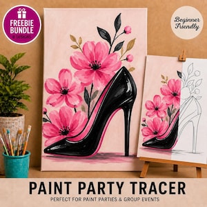 May include: A canvas painting featuring a black high-heeled shoe surrounded by vibrant pink flowers against a light pink background, alongside a smaller canvas showing a partial line-art sketch of the same design with pink floral accents.