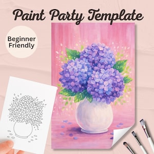 May include: A paint party template with a watercolor painting of purple hydrangeas in a white vase. The words "Paint Party Template" are at the top, and "Beginner Friendly" is in a circle on the left. Paintbrushes are at the bottom.