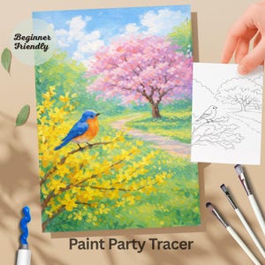 Könnte beinhalten: Ein farbenfrohes Gemälde eines blauen Vogels auf einem gelb blühenden Ast, mit einem rosa blühenden Baum im Hintergrund. Das Gemälde ist mit "Beginner Friendly" und "Paint Party Tracer" beschriftet. Eine kleinere Schwarz-Weiß-Umrisszeichnung des Gemäldes wird in einer Hand gehalten.