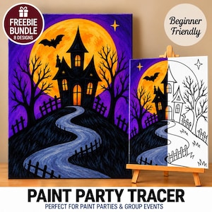 May include: A rectangular canvas painting and a smaller canvas tracer featuring a haunted house silhouette against a large yellow moon and purple sky. The scene includes a winding path, bare trees, a fence, and a bat. Text reads Freebie Bundle.