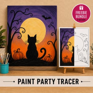 May include: A Halloween-themed painting on canvas featuring a black cat silhouette, orange pumpkins, and a large yellow moon against a purple sky with a bat. Beside it, a white paper tracer shows the same design in black outlines for painting.