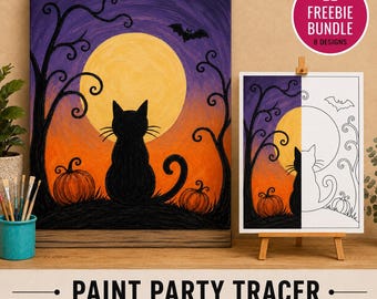 Puede incluir: Una pintura sobre lienzo con temática de Halloween que muestra la silueta de un gato negro, calabazas naranjas y un murciélago ante una luna amarilla y un cielo morado. Al lado, un trazador de líneas en un caballete. Texto: FREEBIE BUNDLE 8 DESIGNS.