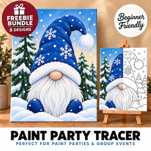 May include: A paint-by-number canvas set featuring a gnome in a blue hat with white snowflakes, sitting in snow among pine trees. The set includes a finished color version and a black-and-white outline version on a wooden easel.