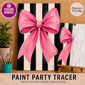 May include: Two rectangular canvases featuring a large, vibrant pink bow centered over a black and white vertical striped background. One canvas is fully painted, while the other shows the bow partially painted in pink on a black and white striped outline.